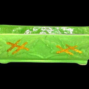 Vintage 103 USA 9x5x3 inch Footed Rectangle Green Planter Asian Gold Accents